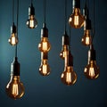 Bunch of lighted lightbulbs hanging on wires - ai generated image