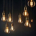 Bunch of lighted lightbulbs hanging on wires - ai generated image