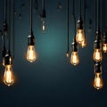 Bunch of lighted lightbulbs hanging on wires - ai generated image