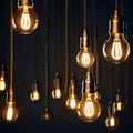 Bunch of lighted lightbulbs hanging on wires - ai generated image