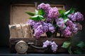 Bunch of lilac flowers in a vintage suitcase. Bouquet of purple lilac flowers Royalty Free Stock Photo