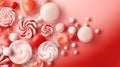 a bunch of lollipops and other candies on a red background with a white bubble in the middle of the image and a red background