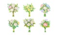 Bunch of Lush Flowers with Green Leafy Branches Vector Set