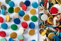 Bunch of many colorful thumbtacks as multi-color office supply metal pushpins circles in yellow, green, blue, red and white desk Royalty Free Stock Photo
