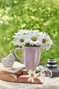 Bunch of marguerite flowers on opened vintage books and camera in the garden