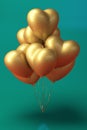 Bunch of metallic gold color heart shaped foil balloons on white background. Royalty Free Stock Photo