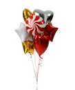 Bunch of metallic red pink heart balloons composition objects for birthday or valentines party isolated on a white