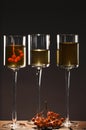 A bunch of rowan berries and three tall graceful glasses with rowan wine isolated on a dark background