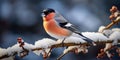 A bunch of mountain ash in winter on the snow. Winter photography. Bullfinch on a branch. Generative AI