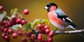 A bunch of mountain ash in winter on the snow. Winter photography. Bullfinch on a branch. Generative AI