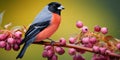 A bunch of mountain ash in winter on the snow. Winter photography. Bullfinch on a branch. Generative AI