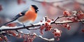 A bunch of mountain ash in winter on the snow. Winter photography. Bullfinch on a branch. Generative AI