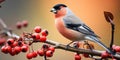 A bunch of mountain ash in winter on the snow. Winter photography. Bullfinch on a branch. Generative AI