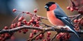 A bunch of mountain ash in winter on the snow. Winter photography. Bullfinch on a branch. Generative AI