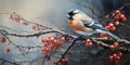 A bunch of mountain ash in winter on the snow. Winter photography. Bullfinch on a branch. Generative AI