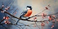 A bunch of mountain ash in winter on the snow. Winter photography. Bullfinch on a branch. Generative AI