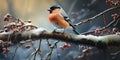 A bunch of mountain ash in winter on the snow. Winter photography. Bullfinch on a branch. Generative AI