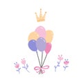 Bunch of multicolor balloons with crown and flowers. Party hand drawn accessories. Birthday, anniversary celebration