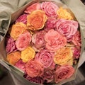 Multicolored roses in bunch. Flowering roses in vibrant colors..