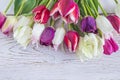 Bunch of multicolored tulips with waterdrops