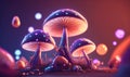 a bunch of mushrooms that are on the ground in the dark night time, with bubbles coming out of the tops of them, and on the