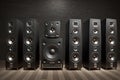 A bunch of music speakers in sound recording studio, professional hi-end loudspeakers, generative ai Royalty Free Stock Photo