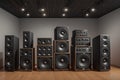 A bunch of music speakers in sound recording studio, professional hi-end loudspeakers, generative ai Royalty Free Stock Photo