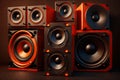 A bunch of music speakers in sound recording studio, professional hi-end loudspeakers, generative ai Royalty Free Stock Photo