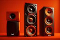 A bunch of music speakers in sound recording studio, professional hi-end loudspeakers, generative ai Royalty Free Stock Photo