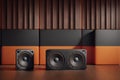 A bunch of music speakers in sound recording studio, professional hi-end loudspeakers, generative ai Royalty Free Stock Photo