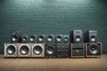 A bunch of music speakers in sound recording studio, professional hi-end loudspeakers, generative ai Royalty Free Stock Photo