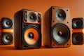 A bunch of music speakers in sound recording studio, professional hi-end loudspeakers, generative ai Royalty Free Stock Photo