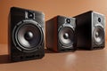 A bunch of music speakers in sound recording studio, professional hi-end loudspeakers, generative ai Royalty Free Stock Photo