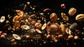 A bunch of nuts are flying in the air, including walnuts, almonds, hazelnuts, peanuts and cashews. Nutty mix on a black background Royalty Free Stock Photo