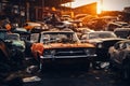 A bunch of old cars in a junkyard stacked on top of each