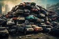 A bunch of old cars in a junkyard stacked on top of each