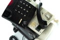 A bunch of old landline telephones with push-button dialers. Royalty Free Stock Photo