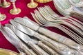 Bunch of old silver ware on a flea market Royalty Free Stock Photo