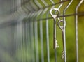 A bunch of old vintage metal door keys hanging on a wire fence with a blurred background Royalty Free Stock Photo