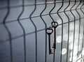 A bunch of old vintage metal door keys hanging on a wire fence with a blurred background and sun highlights on the water Royalty Free Stock Photo