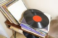 a bunch of old vinyl records. Retro music recording