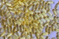 Bunch of omega 3 fish liver oil capsules in pile. Close up of big golden translucent pills texture. Healthy every day nutritional