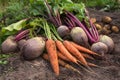 Bunch of organic beetroot and carrot, freshly harvested potato on soil in garden. Autumn harvest of vegetables Royalty Free Stock Photo