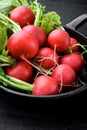 Bunch of organic red radishes with green leaves, on black wooden table background Royalty Free Stock Photo