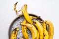 Bunch of overripe bananas for baking banana bread, closeup view shot directly above