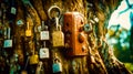 Bunch of padlocks are attached to tree in park. Generative AI Royalty Free Stock Photo
