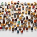 Padlocks arranged on a table, symbolizing security and protection