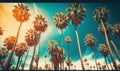 a bunch of palm trees with a blue sky in the background