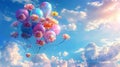 Bunch of party balloons and flowers flying in the sky on a bright day Royalty Free Stock Photo