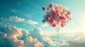 Bunch of party balloons and flowers flying in the sky on a bright day Royalty Free Stock Photo